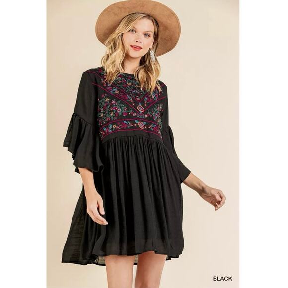 Umgee Boho Floral Embroidered Flutter Sleeve Flowy Dress Black Festival Small - Picture 1 of 11